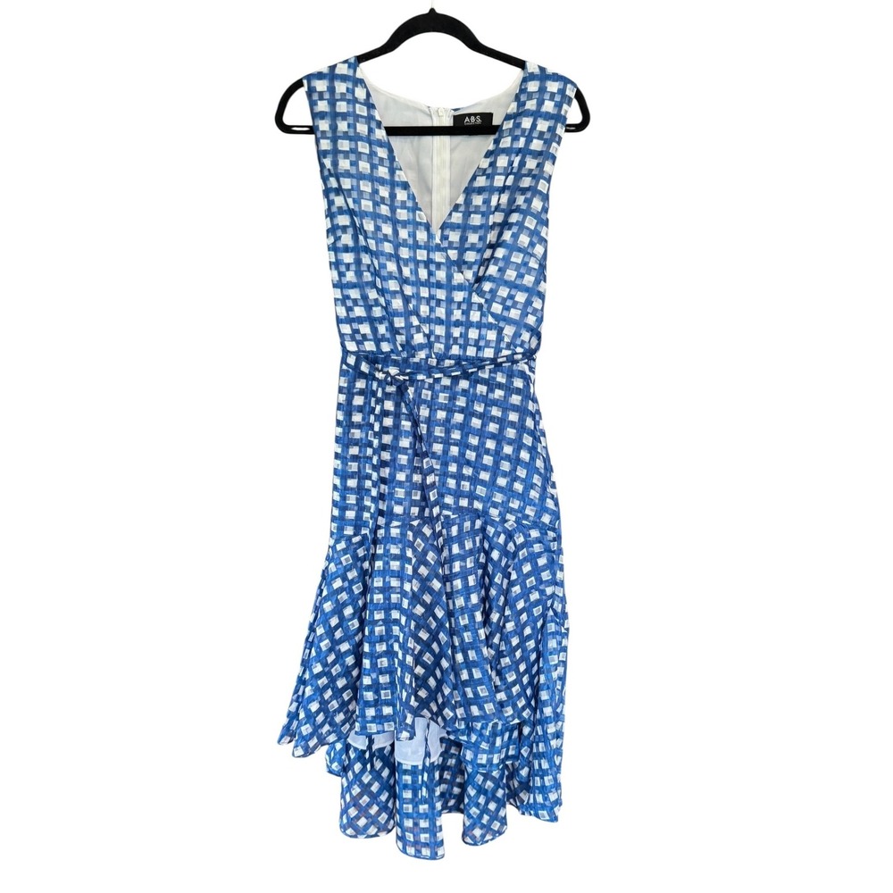 ABS Collection Blue White Gingham‎ High Low Ruffle Dress 10 Flounce V-Neck